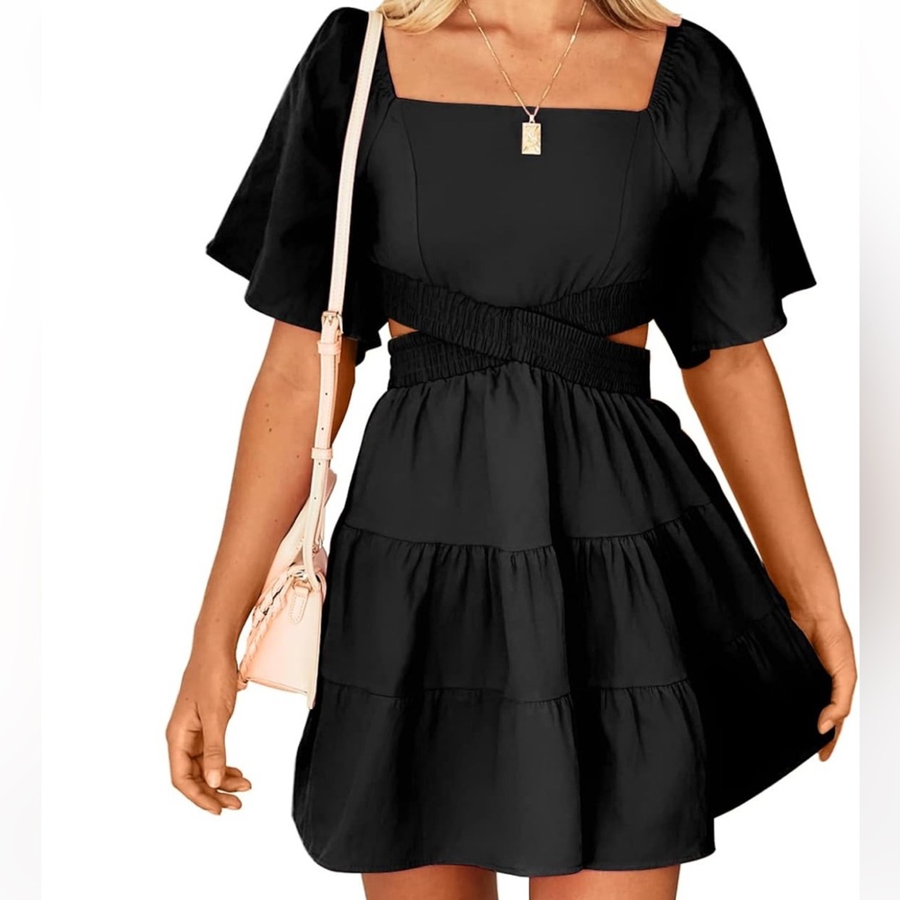 NWT Shy Velvet | Black Cut Out Mini Dress, Square Neck, Flutter Sleeve - Size M